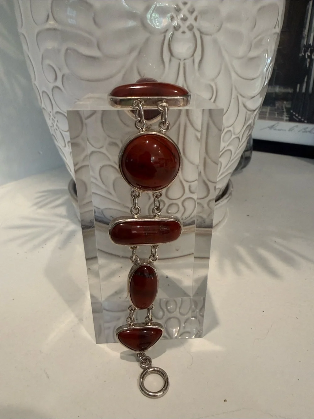 Artisan Red Jasper Cabochon Gemstone Link Bracelet In Sterling Silver